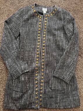 Chico's Black & White Tweed Jacket with Gold Stud Trim